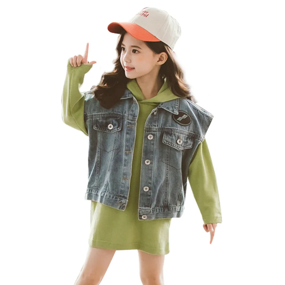 Весенняя одежда для девочек джинсовый жилет и платье с капюшоном 2 шт. костюм