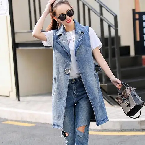 Женский винтажный ковбойский жилет джинсовая куртка без рукавов длинный