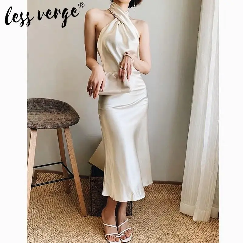 Lessverge Elegant Party Dress 2020 Spring Backless Women Sexy Club Bodycon Midi Halter Neck Solid Formal Long dress | Женская одежда