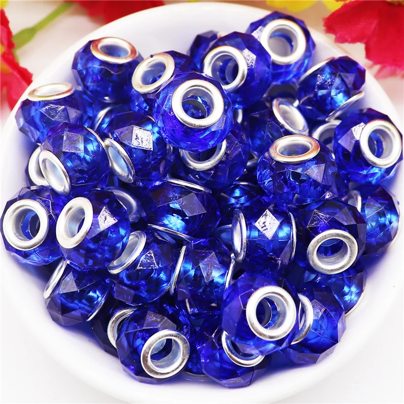 

10Pcs Dark Blue European 14x8mm Large Hole Cut Faceted Spacer Beads with 5mm Silver Core Fit Pandora Bracelet Necklace Jewelry