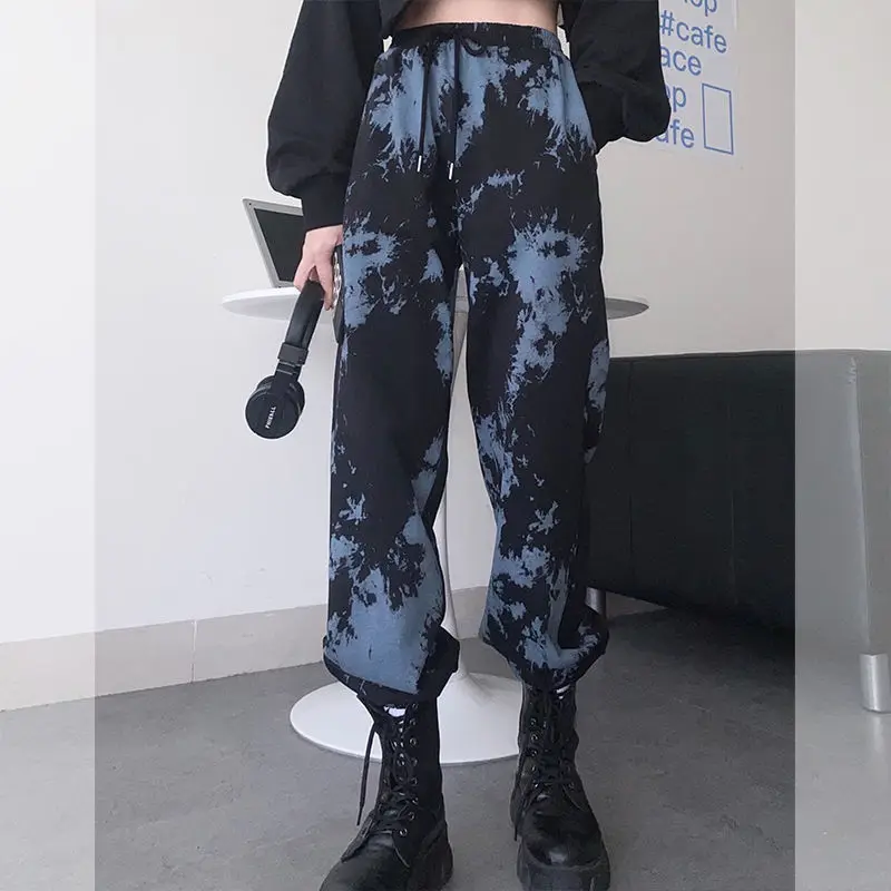 

QWEEK Tie Dye Sports Pants for Women Harajuku Goth Pants Baggy Joggers Autumn Loose Trousers Oversize White Jogging Sweatpants