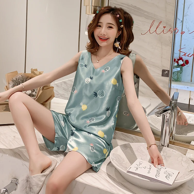 

New Pajamas for Women Summer Sexy Print Short Sleeve Silk V-neck 3XL Sleepwear Set Lonxu Silk Pajamas Set Vest Girl Pyjamas Set