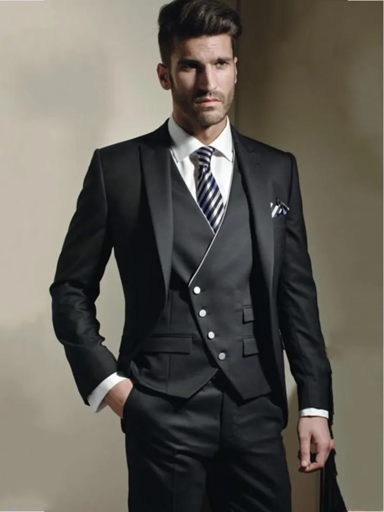 Handsom Black Men Prom Dress Business Suits GroomTuxedos Coat Waistcoat Trousers Sets (Jacket+Pants+Vest+Tie) K:1292