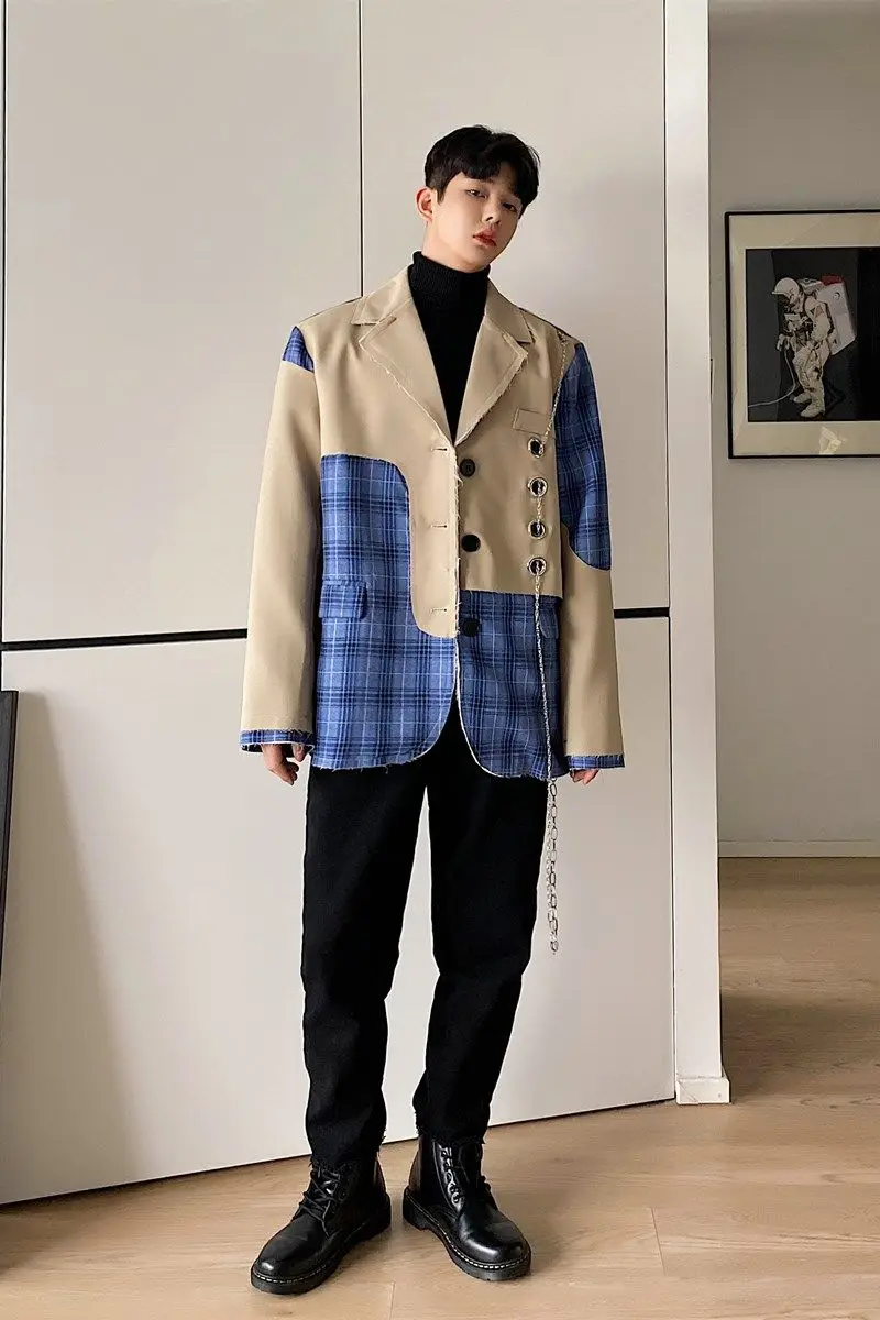 

IEFB Korean blue paid color block patchwork blazers for men 2021 spring deisgn chian suit coat mens streetwear coat raw 9Y4396