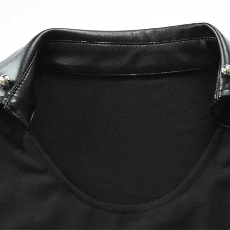 Men irregular design leather patchwork hip hop long t shirt black color short sleeve tee shirts man nightclub punk stage tshirt | Мужская