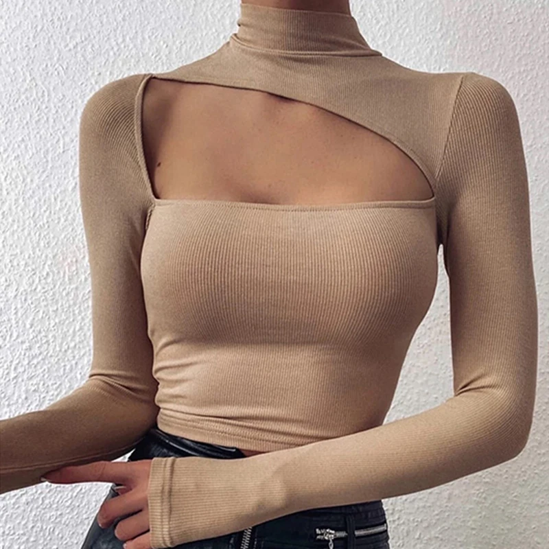 

2021 Fall Solid Color Skinny Chest Hollow Out Sexy Women T-shirt Fashion High Collar Long Sleeve Tops Casual Basic White Y2k Top