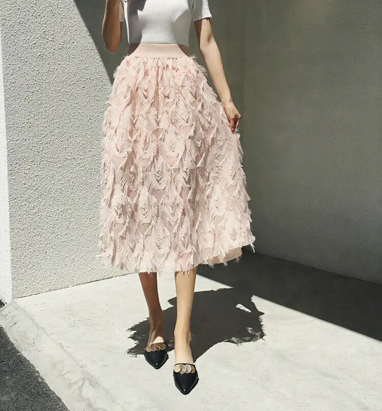 

Юбка-пачка средней длины с бахромой и перьями, Тюлевая сетчатая эластичная трапециевидная юбка с завышенной талией в богемном стиле, лето-о...