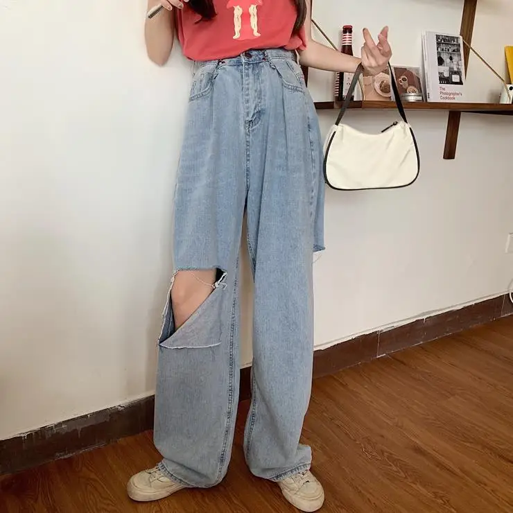 

High waist and large women's jeans fat mm summer Korean loose and thin hole beggar pants straight tube wide leg pants