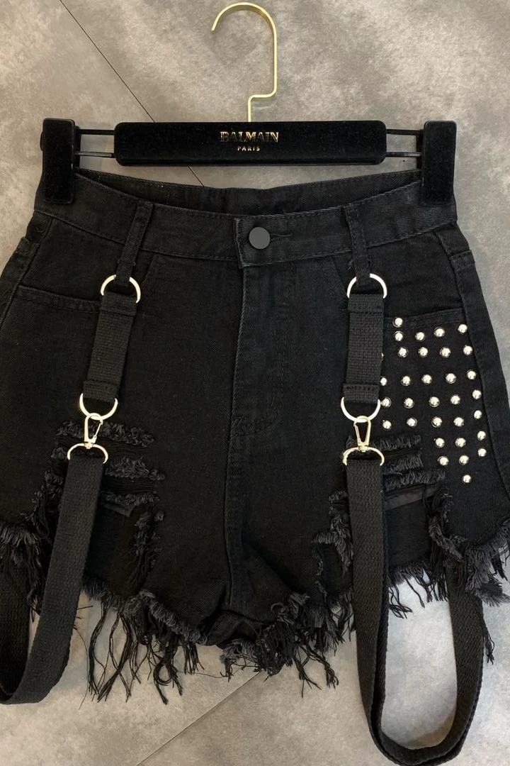 

2021 Summer Autumn New Beading Shoulder Strap Trend Female Black Denim Shorts