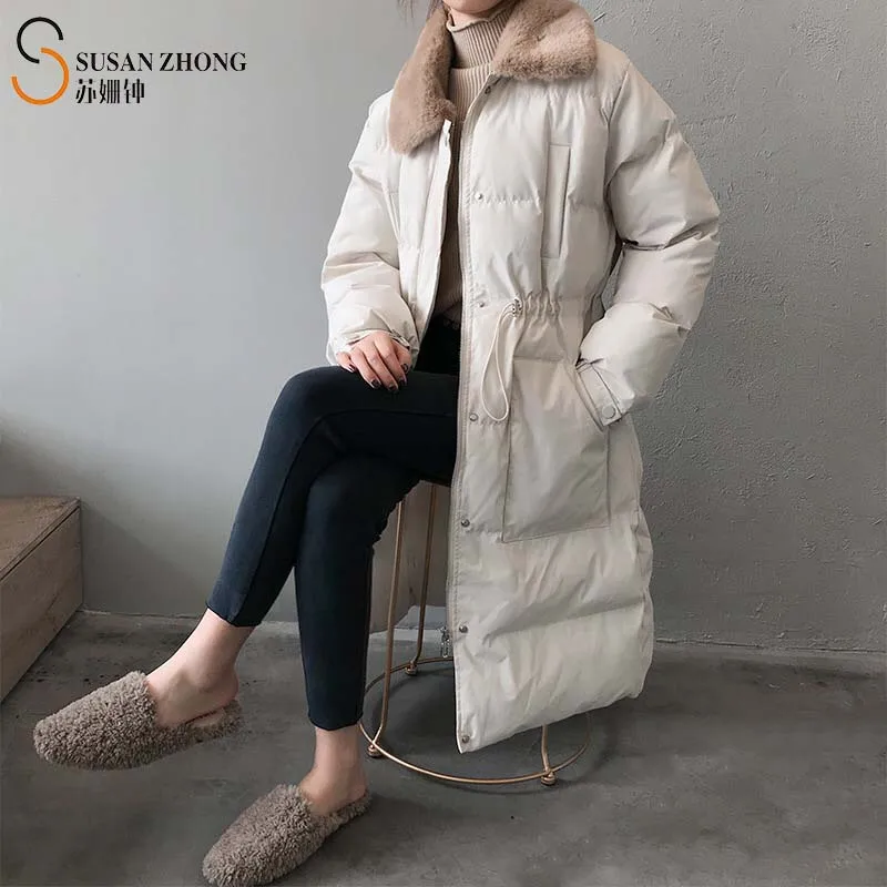 Пальто женское длинное на молнии парка с подкладкой отложным воротником и