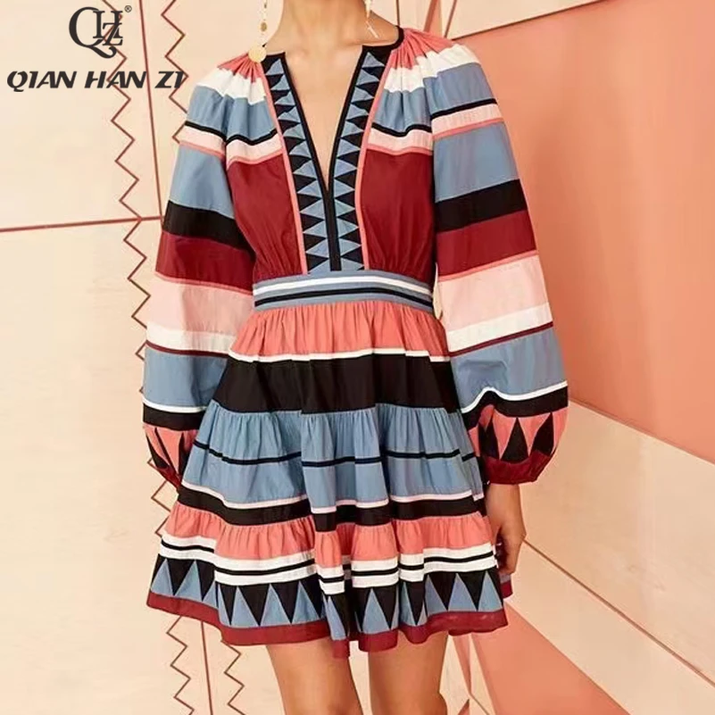 Qian Han Zi 2021 designer runway fashion summer dress Women lantern sleeves vintage Striped slim cotton holiday dress
