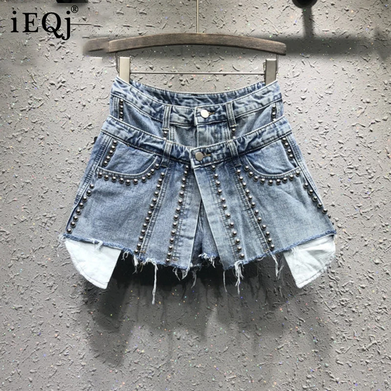 

[IEQJ] 2021 Spring autumn New Patter Denim Patchwork Fake Two Piece Heavy Work Beaded Edge High Waist Loose Shorts AG02605XL
