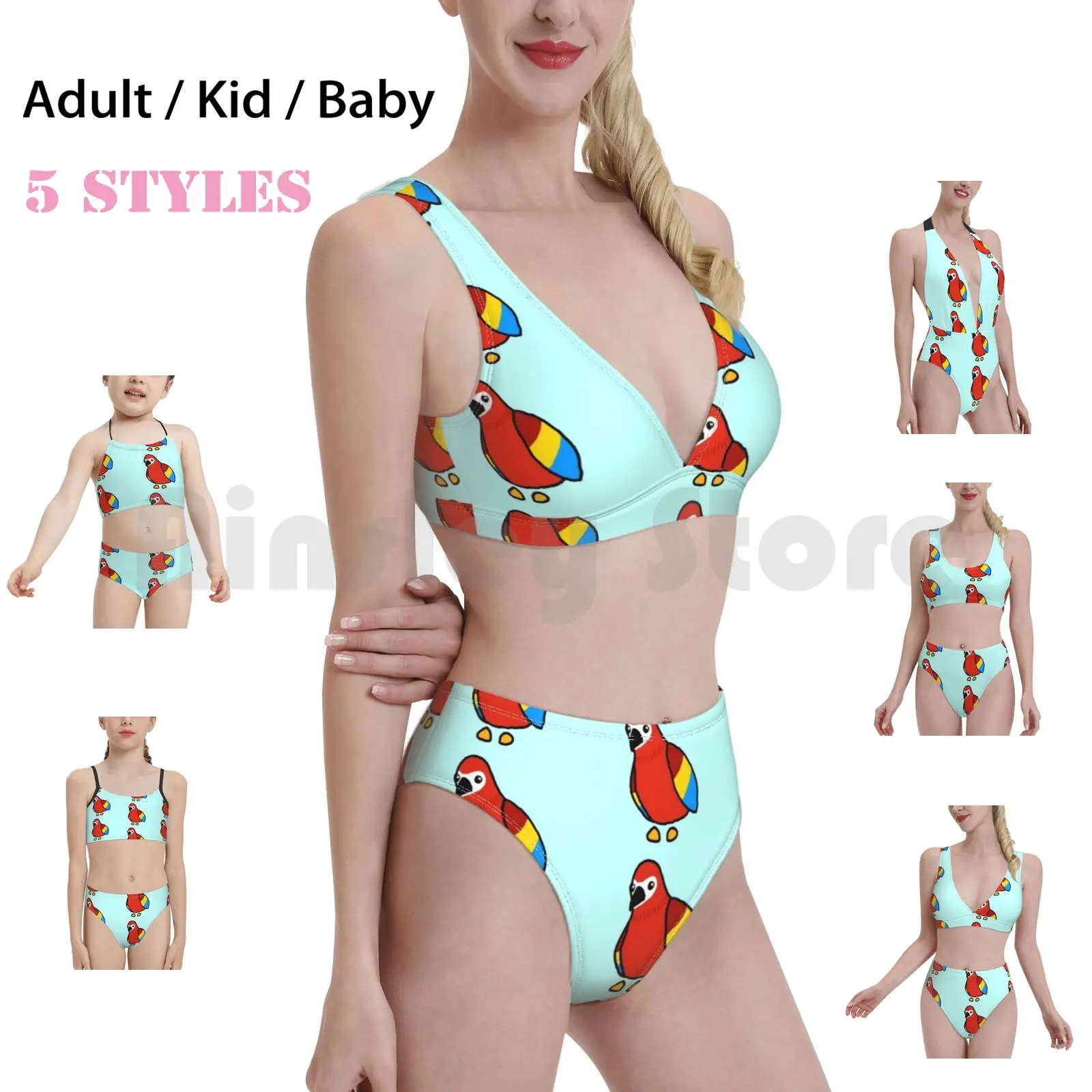 Cute Parrot Doodle Swimsuit Bikini Padded High Waist Adopt Me Parrots Kawaii Red Game | Женская одежда