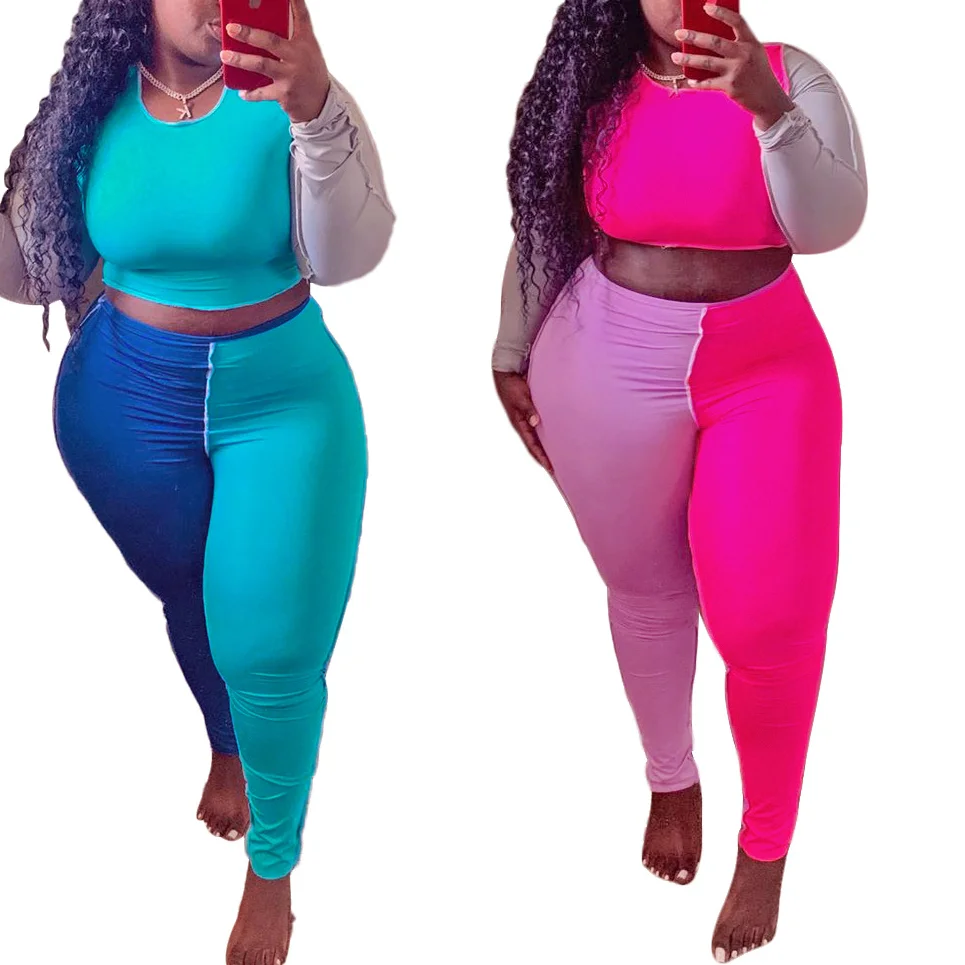 

2021 color patchwork color plus size clothing long sleeve top and trousers plus size women clothing two piece set