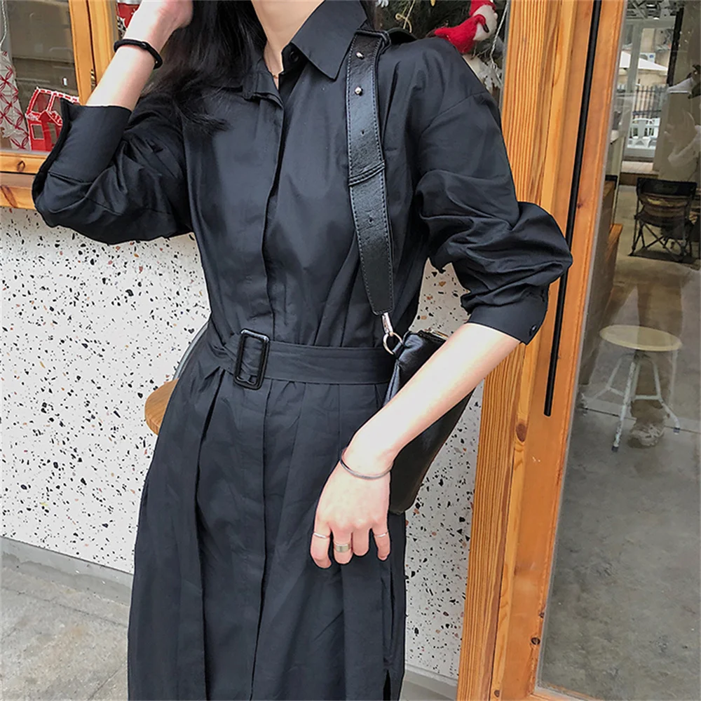 

HziriP Hot Shirt Long Dress Office Lady Full Sleeves All Match Chic 2021 Lace-Up Solid New Autumn Stylish Women New Vestidos