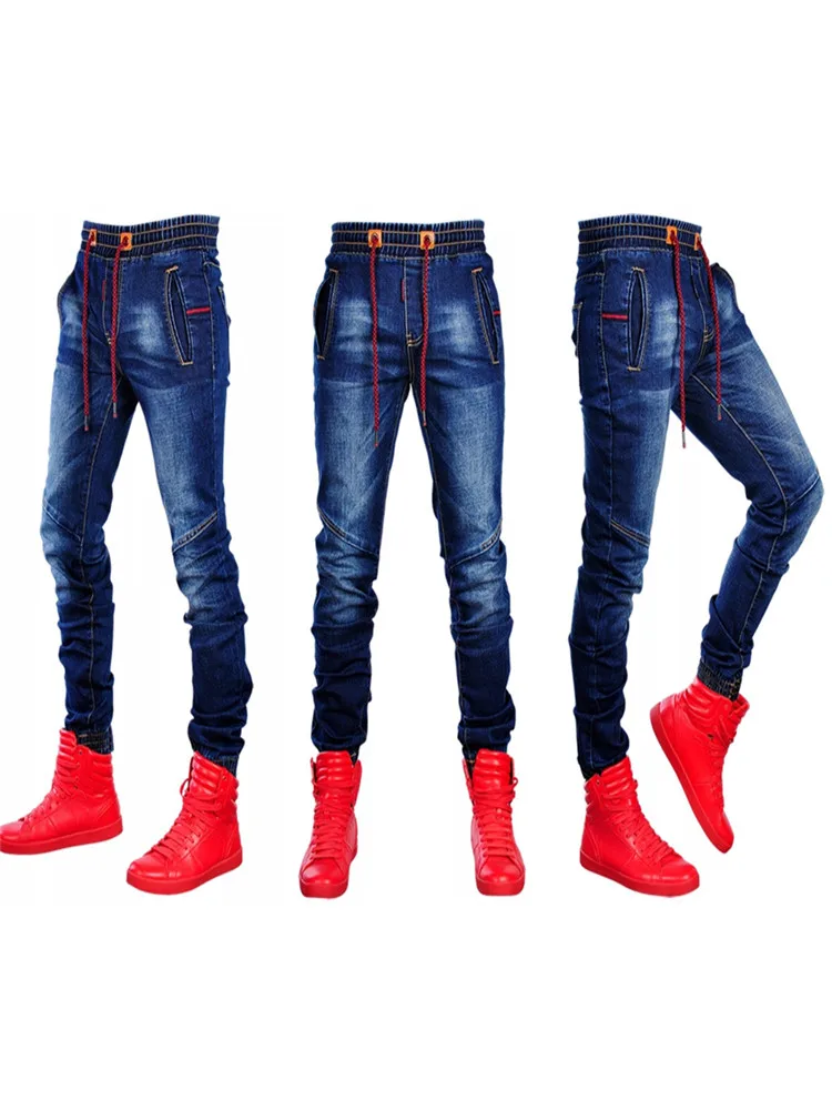 Men's Trousers Large Size Blue Wash Elastic Waist Simple Casual Ditch Stretch Medium Waist Small-Legged Tight Jeans