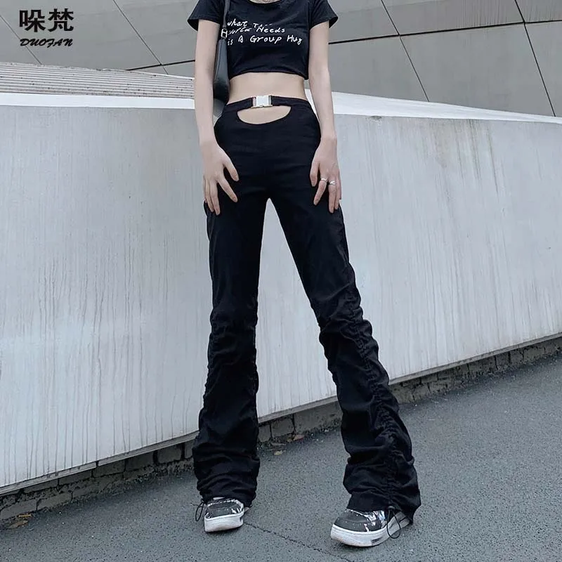 

DUOFAN Y2k Pants Women Black Loose High Waist Straight Shirring Woven Women's Pants Harajuku Gothic Hollow Out Sweatpants Female