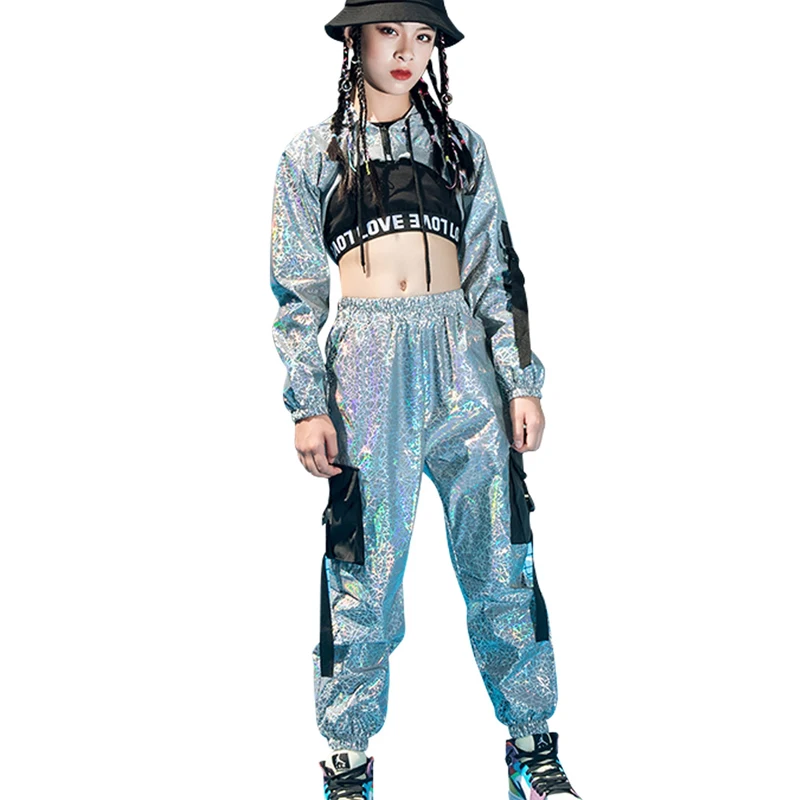 

New Reflective Hip Hop Clothing For Girls Silver Stage Costumes Hooded Loose Jazz Show Dancewear Child Modern Rave Wear