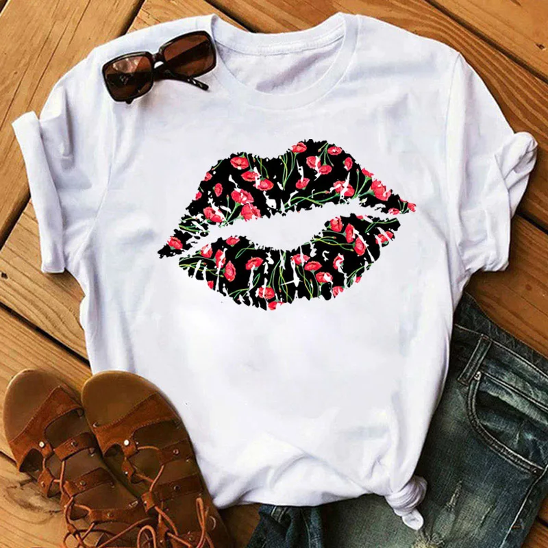 

Fashion Women T Shirt Butterfly Flower and Lips Print Harajuku Tee Shirts Cute Female Short Sleeve Tops Ladies Summer White T-sh