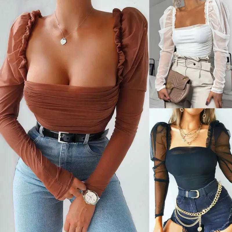

Women Mesh Puff Long Sheer Sleeve Tops Square Neck Top Pullover Blouse Shirts