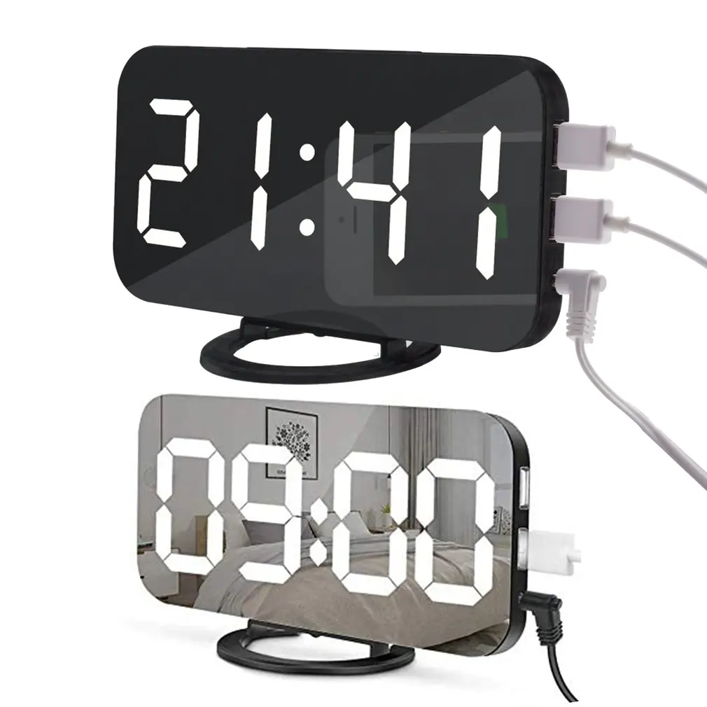 

LED Alarm Clock Dual USB Output Snooze Mirror Clock Digital Creative Clock Induction Dimming Electronic Clock