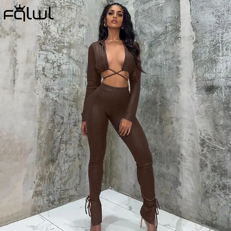 

FQLWL осенне-зимние костюмы из искусственной кожи с брюками, Сексуальные облегающие комплекты из 2 частей, женские Клубные наряды, бандажные к...