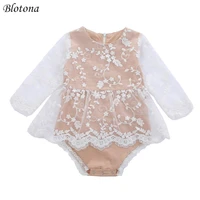 blotona newborn baby girls fashion long sleeved romper solid color lace flowers stitching skirt bodysuit 0 24m