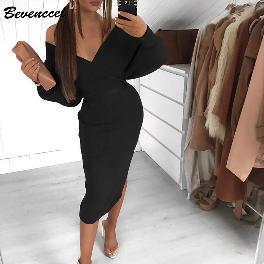

Bevenccel New Solid Celebrity Evening Party Dress 2021 Sexy Long Sleeve V Neck Elegant Runway Bandage Dress Vestidos Club Dress