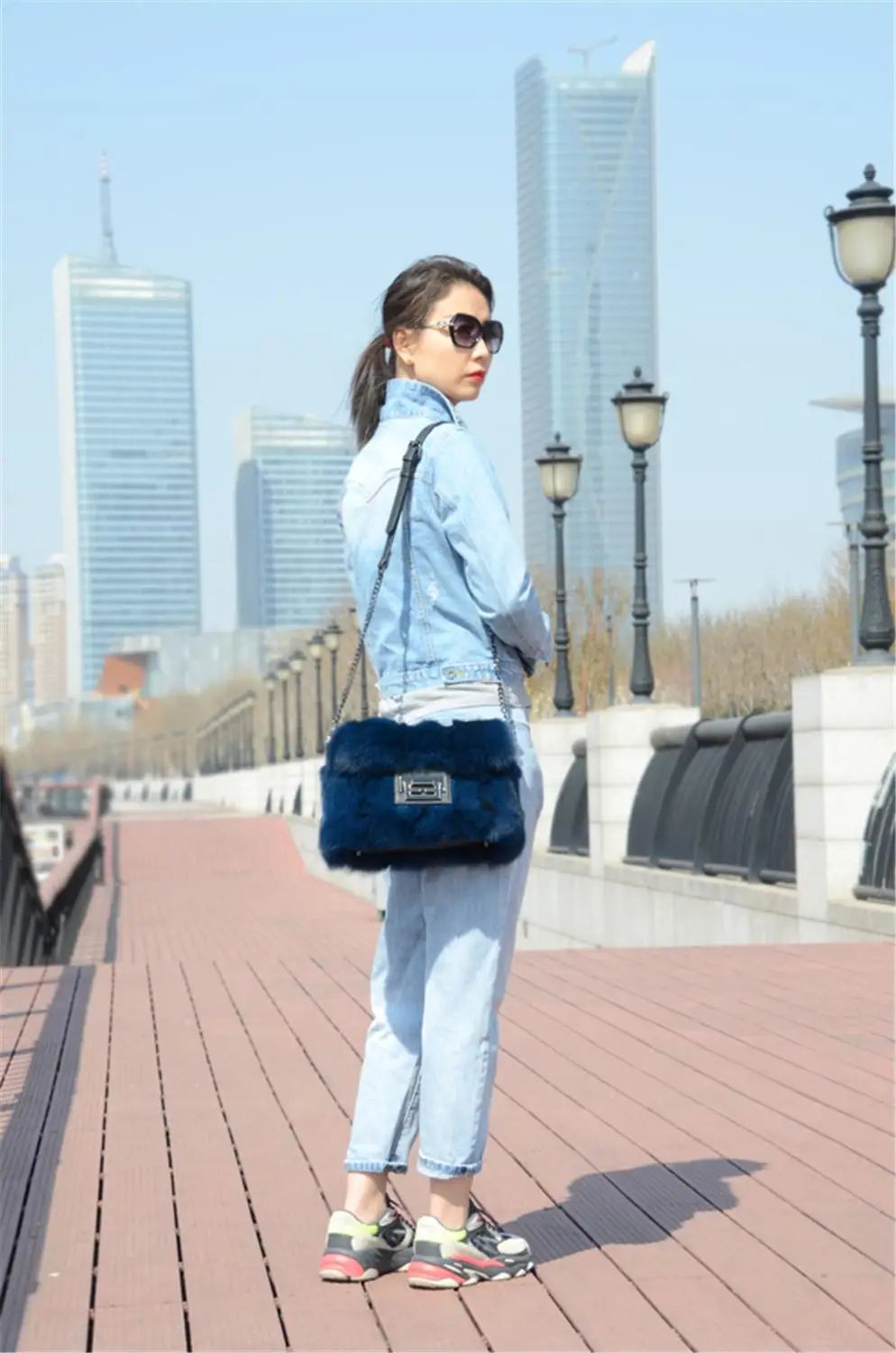 Сумки из натурального Лисьего меха серая меховая сумка ручная Синяя сумочка