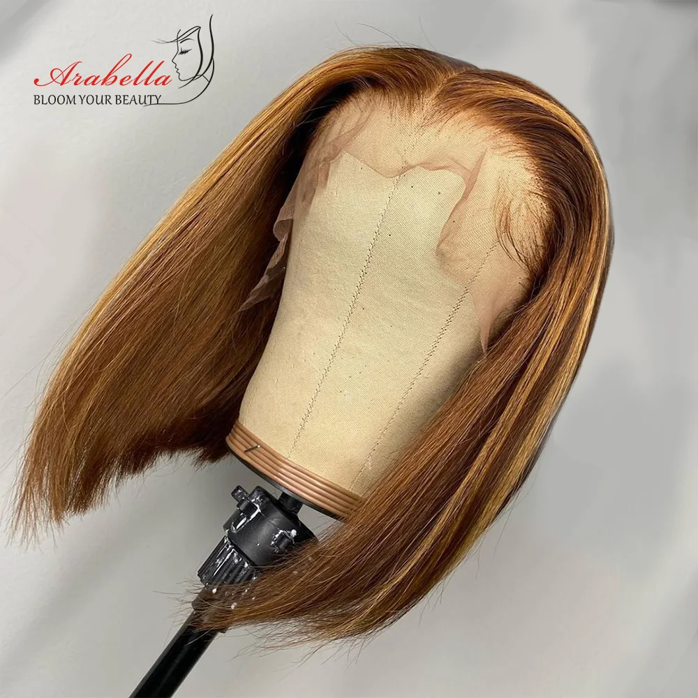 

Highlight Bob Ombre Brown Honey Blonde Lace Front Wig Remy Hair PrePlucked Bob Wig 100% Human Hair Arabella Straight Closure Wig