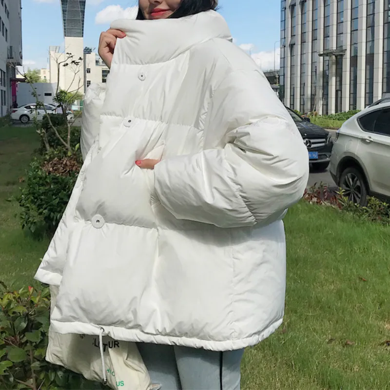 Female Casual Down Warmth Coat Loose Oversized Fashion Womens Korean Style Zipper Short Parka Winter Women Collar Solid Jacket