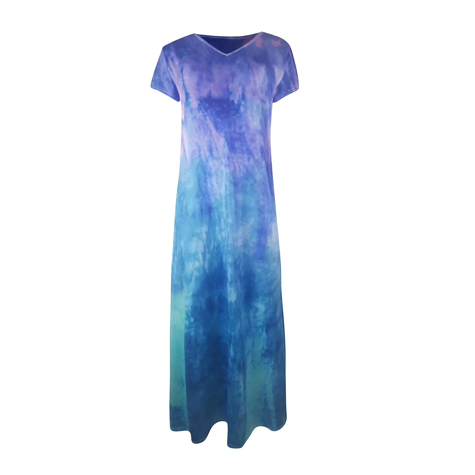 

Fashion Women Tie-Dye V-neck Long Dress Short Sleeve Hem Split Casual Dress