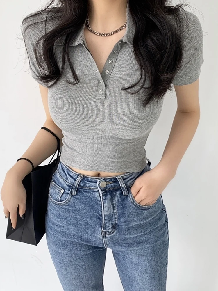 

Gkfnmt 2021 Korean Solid Color T shirt Women Clothes Sexy Cotton Buttons White Female Short Sleeve T-Shirt Summer Tops Tee Shirt