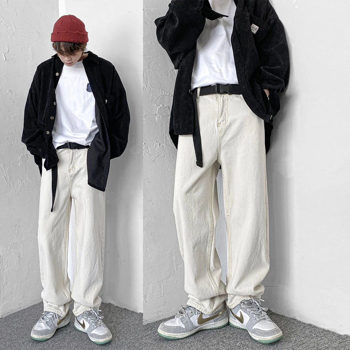 

Jeans Mens Clothing Trousers Loose Leisure Korean Streets College White Couples 2021 Pure Color Movement Trend Fashion New