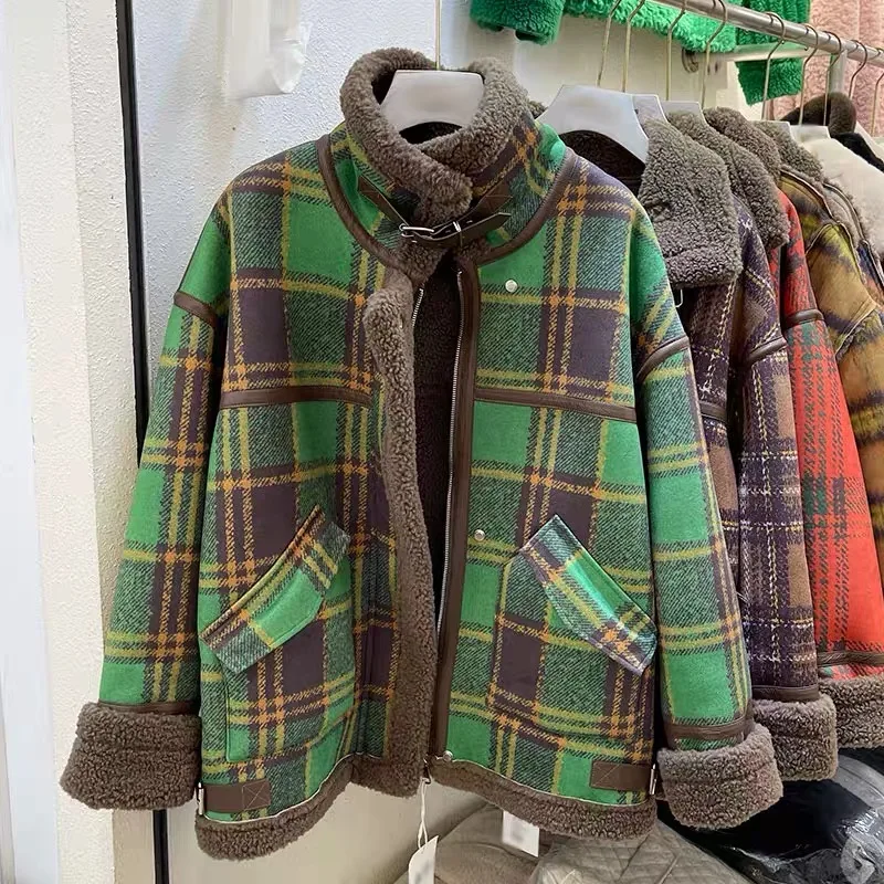

Plaid lamb wool coat winter plus velvet thick fur coat one motorcycle