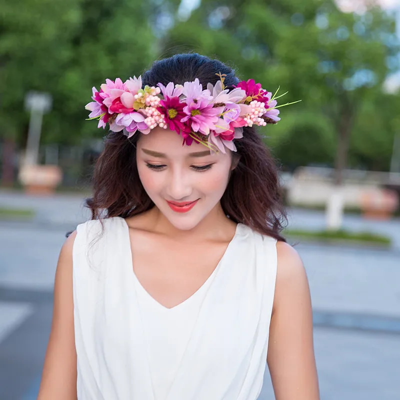 

2pcs Handmade Woman Girls Daisy Flower Headband Party Wedding Fabric Flower Wreath Hair turquoise Flower Crown Hair Accessories