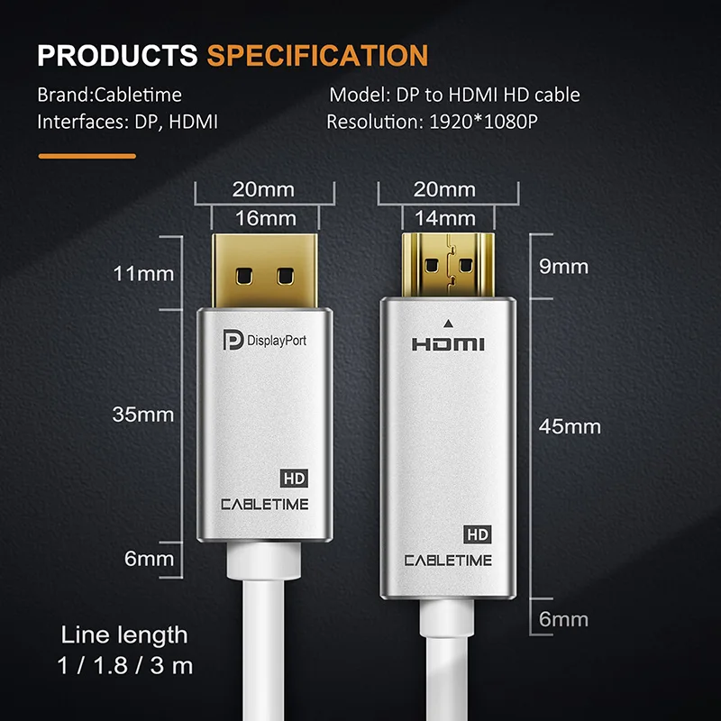 

CABLETIME DisplayPort To HDMI Cable 1080P 60hz DP To HDMI M/M 1m 1.8m 3m Pre DisplayPort 1.2 for HDTV Projector Laptop PC C084