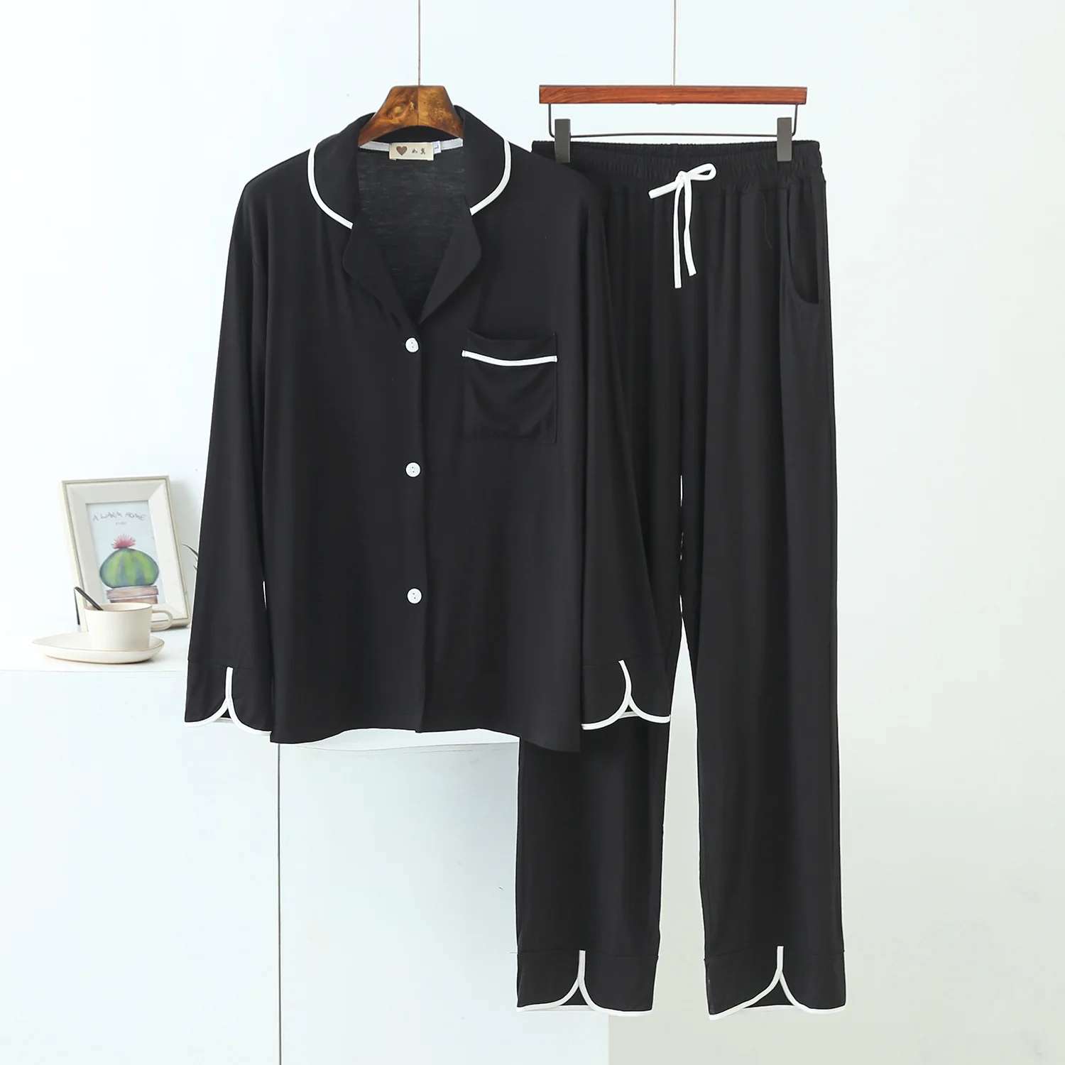 

Modal Casual Nightwear Turn Down Collar Pajamas Sets 2PCS Intimate Loose Sleepwear Women Spring Summer Pyjamas Elastic Waist