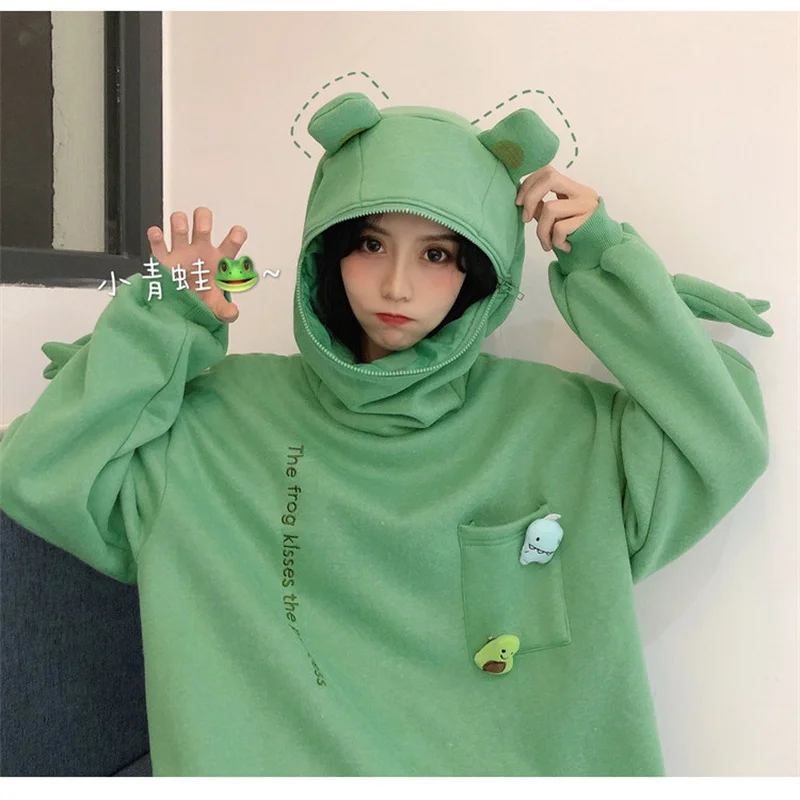 

Zipper Frog Embroidery Oversized Sweatshirt Kawaii Women's Hoodies Harajuku Warm Pullover Womens Korean Fashion Hoodie
