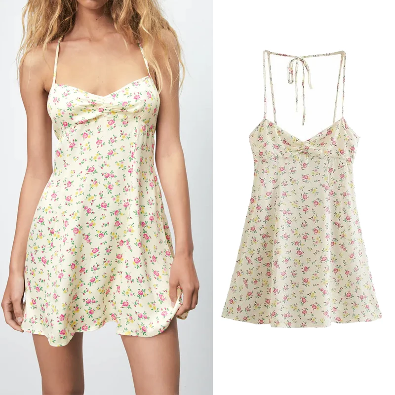 

ZA 2021 Elegant Flower Print Summer Dress Women Sleeveless Ruching Sexy Beach Dress Woman Fashion Thin Straps Sundress