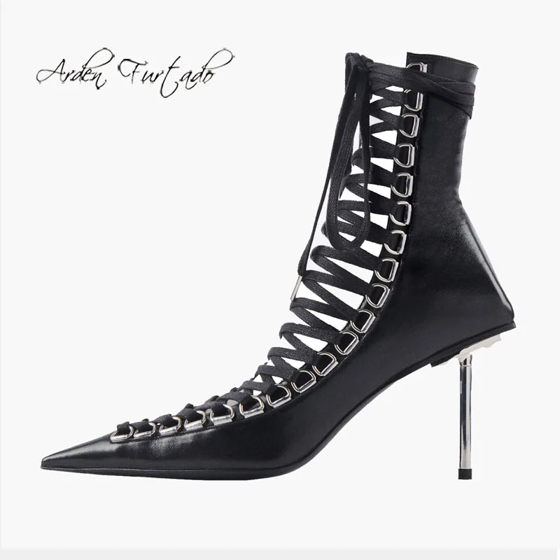 

Arden Furtado 2022 Women Cool Boots Genuine Leather Pointed Toe Stilettos Heels Cross Lacing Hollow Out Fashion Women's Boots