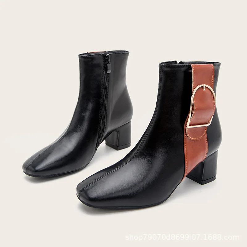 

Black Brown Women Ankle Boots Comfortable Square Heel Pointed Toe Ladies Short Boots Mixed Color PU Leather Zipper Boots