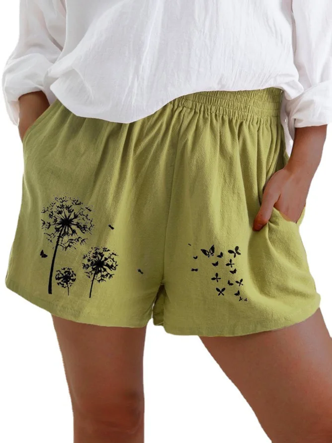 

Summer New Loose Cotton Shorts Women's Solid Color Large Size S-5XL High Waist Dandelion Print Casual Shorts Lady Simple Loose