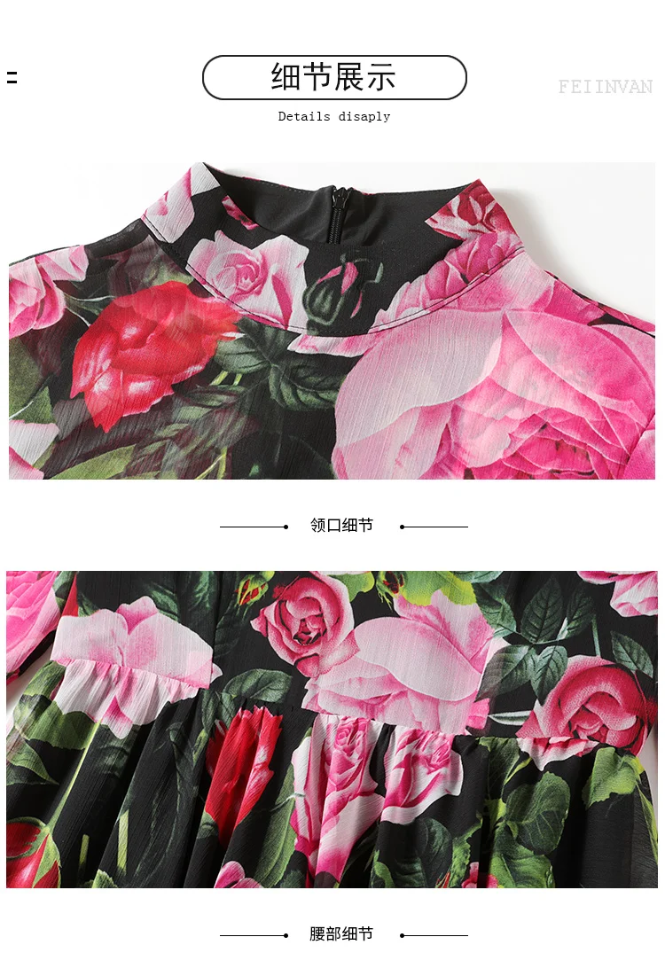 

Banulin 2021 Spring Runway Floral Beach Dress Women's 3/4 Sleeve Stand Collar Vintgae Print Dress Lady Casual Party Vestidos