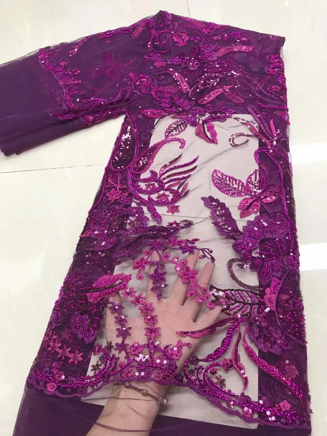 

Latest Fashion African French Net Lace Fabric 2021 Handamde Beaded Sequins Nigerian Mesh Tulle 5 Yards Sewing Materials Sequence