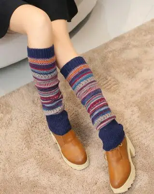 Navy Blue Женские зимние вязаные гетры; женские винтажные Разноцветные гетры в полоску; модные гетры до колена для девочек; гетры; Bac319 - Цвет: Navy Blue
