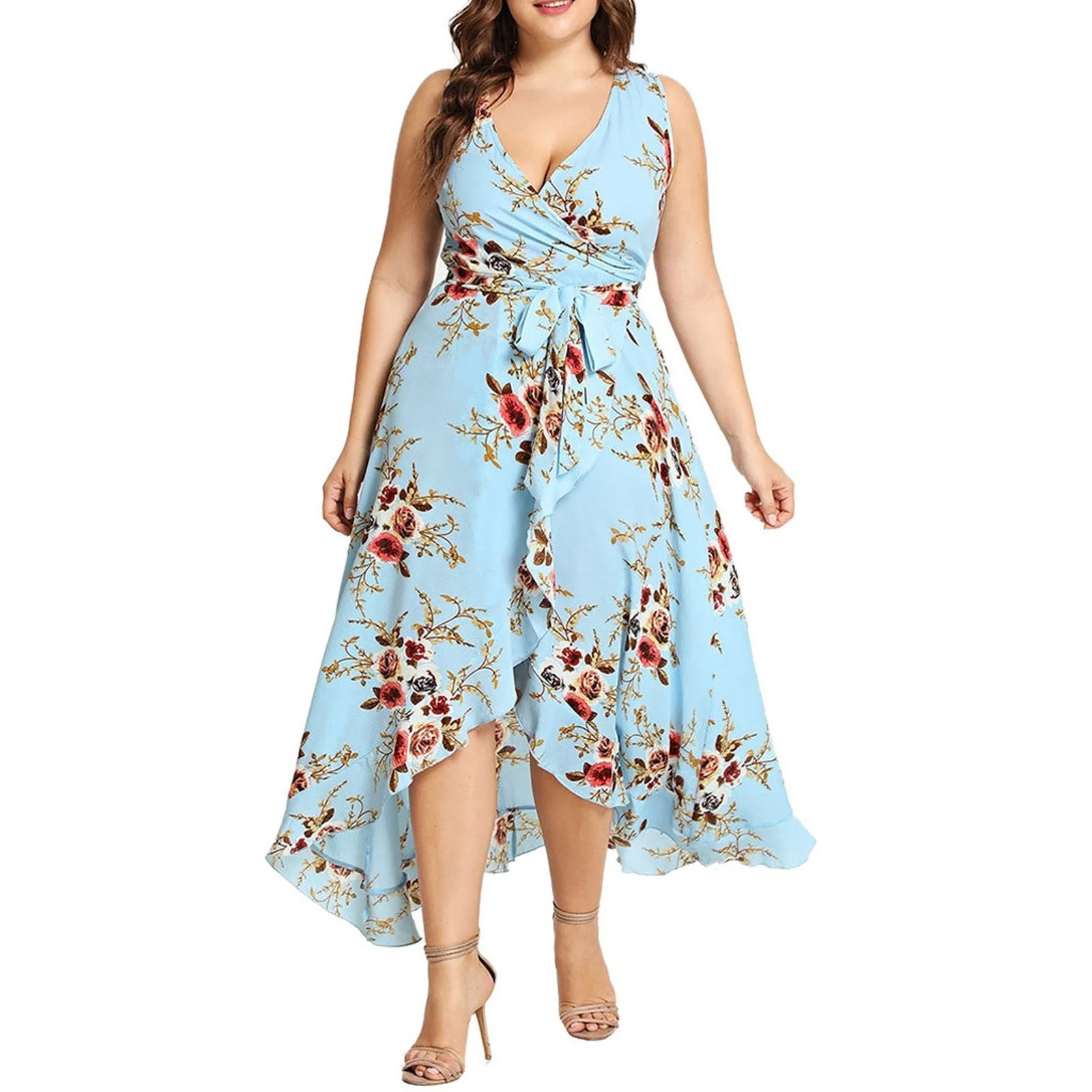 

Plus Size Dresses For Women Women's Casual High Waist Belly Concealing V-neck Print Floral Dresses Vestidos De Mujer Casual