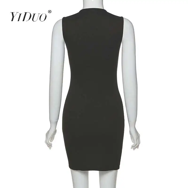 

YiDuo Simple Sleeveless Bodycon Zipper Mini Dresses 2020 Summer Solid Casual Rib Deep V Neck Sexy Dress Elastic Slim Streetwear