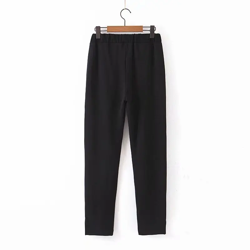 Новые женские модные большие карманы патч прямые брюки шикарная Офисная Женская одежда эластичная талия повседневные сплит черные деловые брюки P561