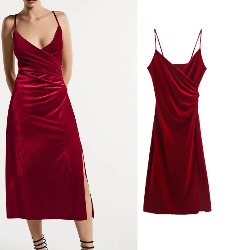 

Xypskh Za Women New Fashion Pleated Red Velvet Slit Party Midi Dress Vintage Backless Zipper Thin Straps Female Dresses Vestidos